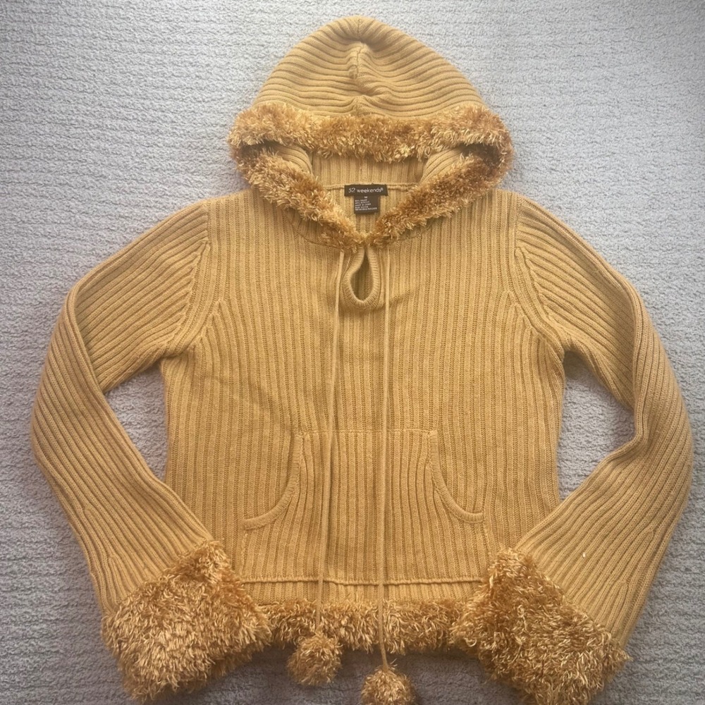 Vintage Y2K 52 Weekends Faux Fur Trim Hooded Sweater Knit Pullover  M pom pom